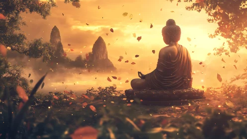 Digital painting of serene Buddha at golden-hour lakeside.