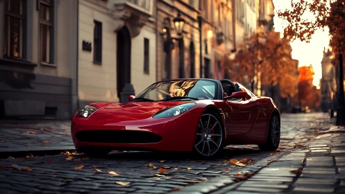 Red sports convertible stands on cobblestone street at dusk