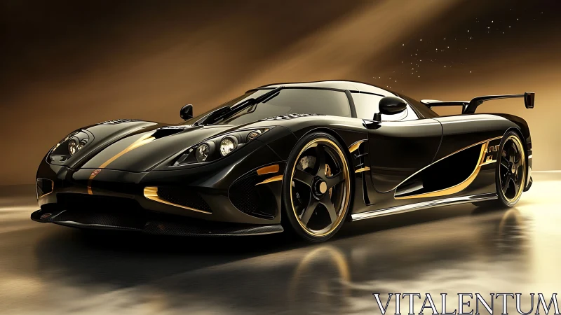 Black gold hypercar under dramatic studio lighting.