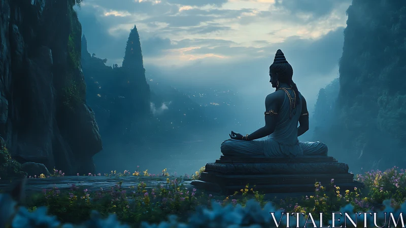 Serene mountain dawn with meditating statue and flowers.