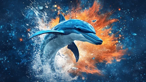 Digital dolphin figure with splash and abstract color burst.