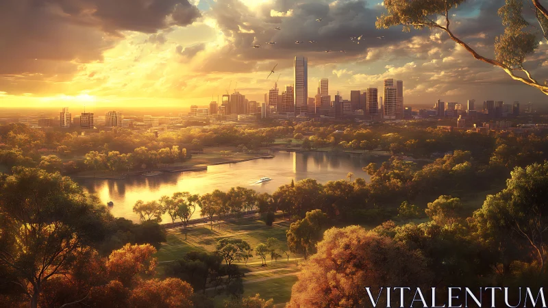 Urban skyline with central lake and surrounding parkland at dusk.