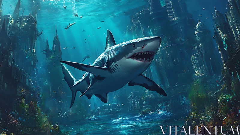 Great white shark swims through submerged ruined cityscape