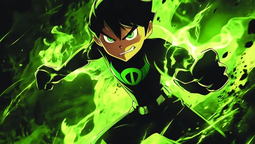 Dynamic anime hero lunges forward amid luminous green energy