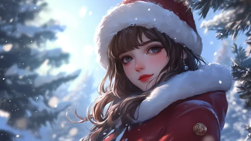 Snowy holiday girl smiles softly in a peaceful winter forest