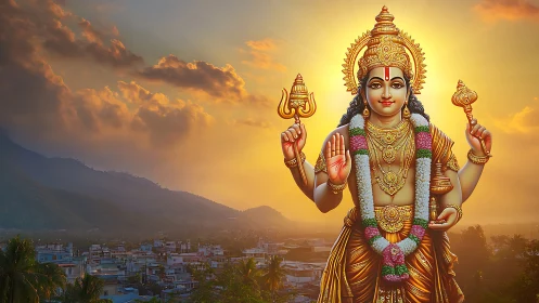Hindu deity illustration stands over city with backlit sunset