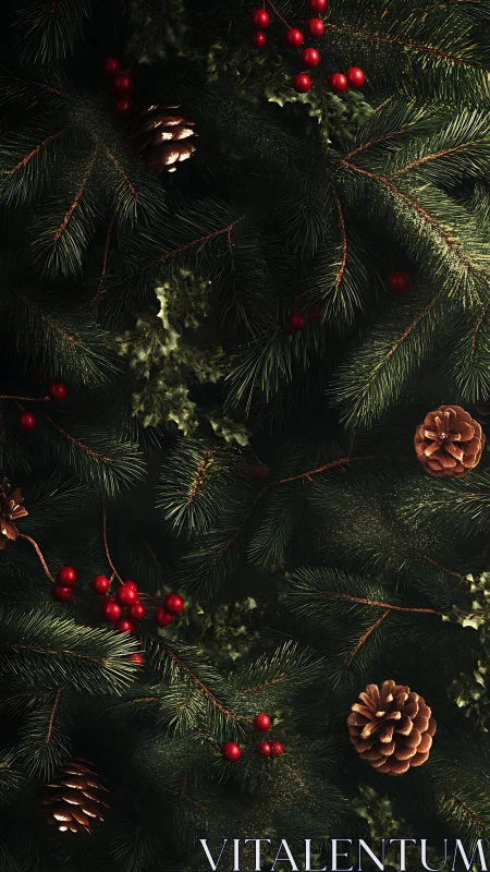 Photorealistic conifer foliage with berries and pinecones matrix.