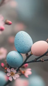 Speckled pastel eggs balanced on blooming spring branch.