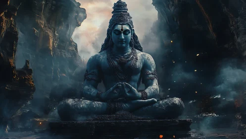 Stone deity statue sits in lotus pose inside rocky cavern