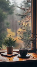 Rainy forest window frame with steaming coffee cup and plant.