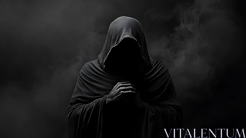 Hooded reaper silhouette emerging from swirling smoke.