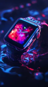 Neon smartwatch glows over liquid chrome surface. Period.