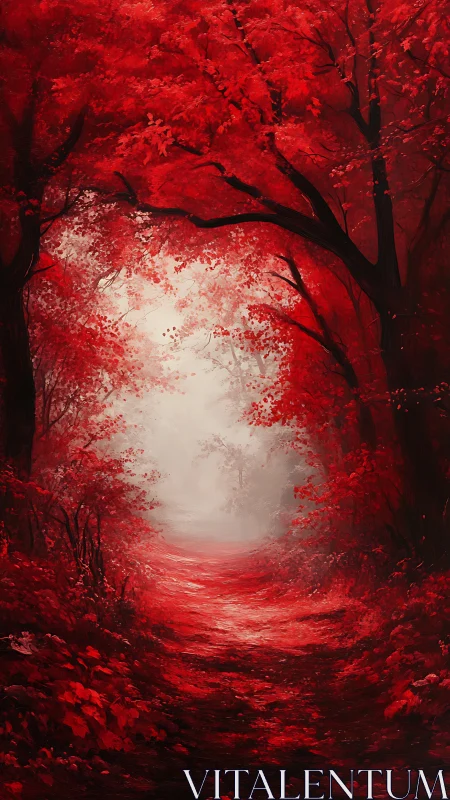 Crimson forest corridor dissolving into silver-white dreamlight.