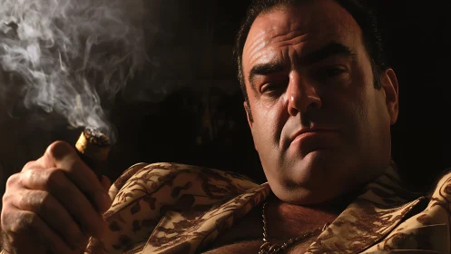 Moody portrait of smoking man in patterned jacket.