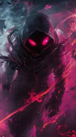 Hooded void wraith radiates neon crimson spectral energy.