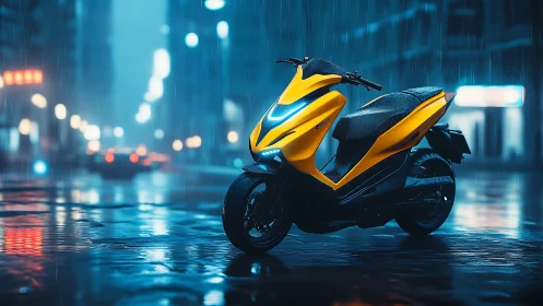 Yellow electric scooter gleams in neon rain-soaked city street.