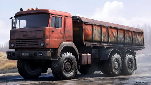 Rust-red off-road dump truck growls across muddy flats.