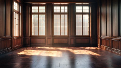 Sunlit paneled hall where quiet wooden walls breathe. Period.