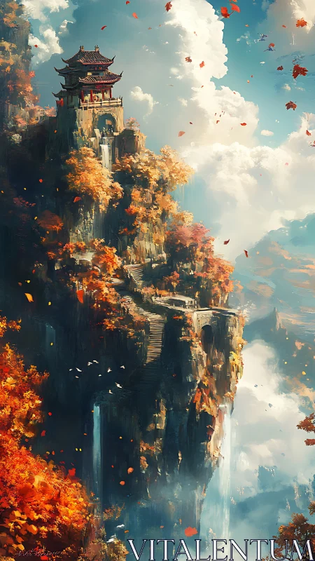 Vertical fantasy temple landscape with cascading waterfalls.