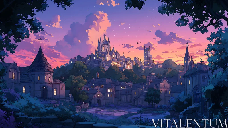 Enchanted hillside city glows beneath a dreamy twilight sky
