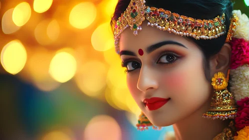 Gilded-eyed festival muse framed in marigold bokeh light.