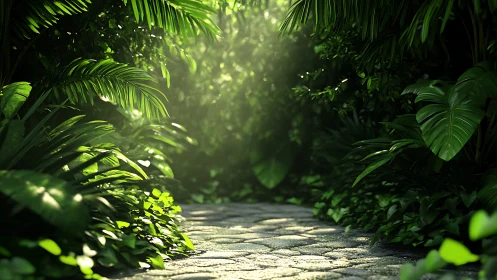 Sunlit jungle pathway through dense tropical foliage.