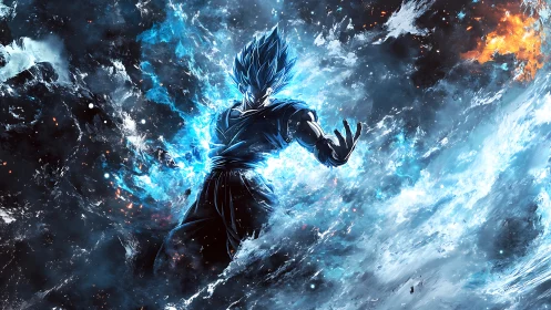 Cosmic blue warrior ignites a storm of crackling energy.