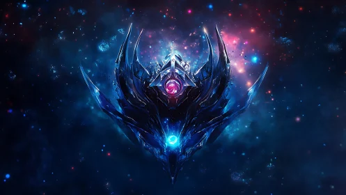 Symmetrical crystalline emblem in deep cosmic space.