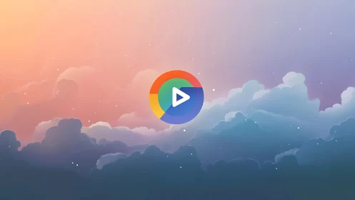 Chromatic play icon hovering above volumetric cloudscape.