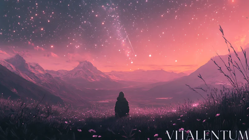 Solitary figure under starfield above distant mountain basin.