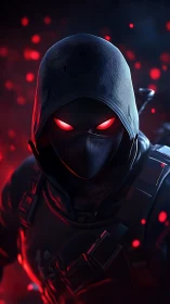 Hooded masked figure with red eyes in dark digital scene.