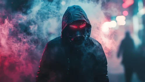 Hooded figure with neon gas mask in cyberpunk street fog.