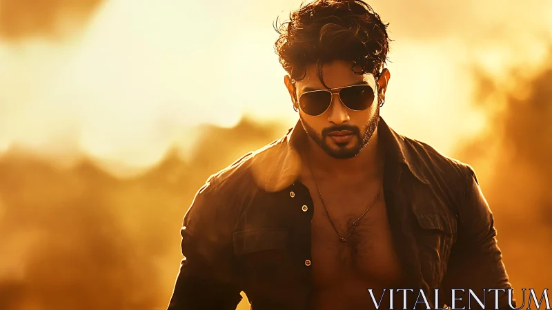 Backlit portrait of muscular man in sunglasses at golden hour.