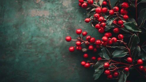 Macro study of red winter berries on teal textured backdrop