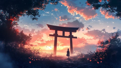 Silhouetted child under Shinto torii at luminous sunset sky