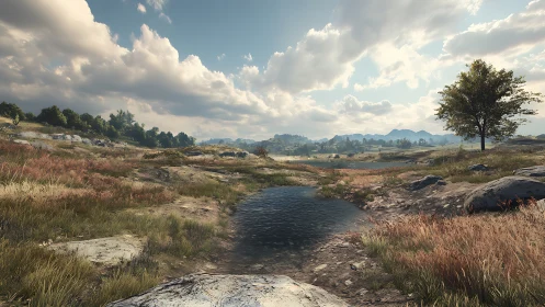 Procedurally rendered wetland valley with volumetric cloudscape