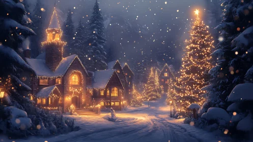 Snowlit village glows under twinkling Christmas starlight.