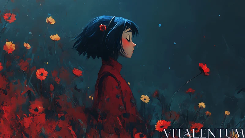 Girl in red coat stands in chromatic contrast amid wildflowers