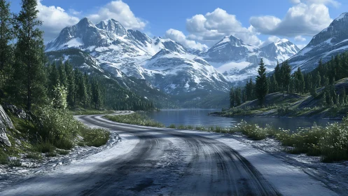 Snow-dusted mountain road curving beside alpine lake.