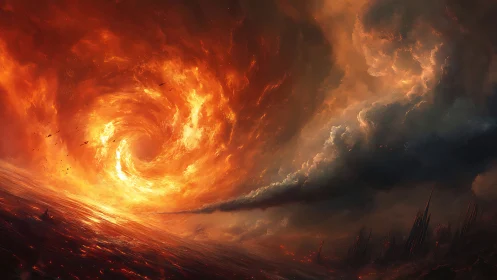 Apocalyptic Firestorm: Celestial Vortex Engulfs the Darkening Landscape