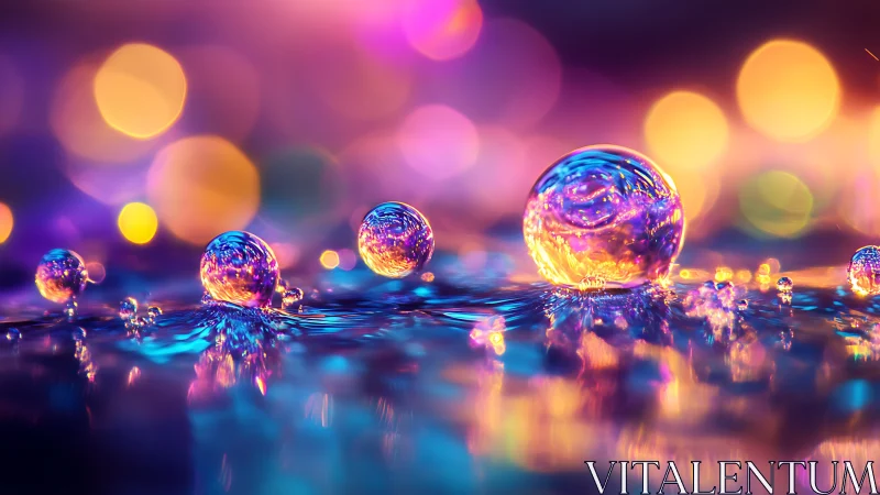 Colorful liquid surface shows luminous droplets in sharp focus