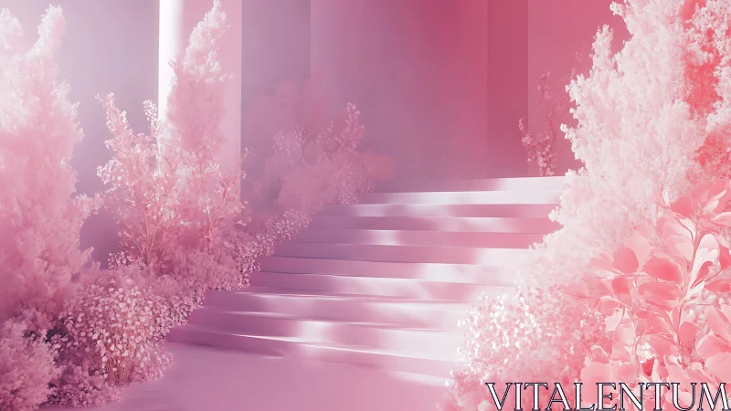 Dreamy pink garden staircase wrapped in soft cotton light.