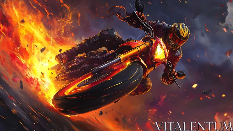 Motorcyclist in high-speed turn amid intense surrounding fire.