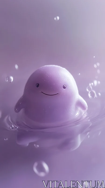 Soft lilac blob character floating in glossy liquid pool