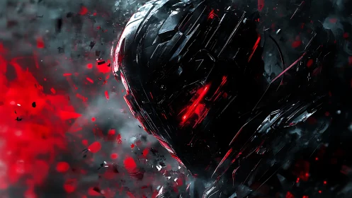 Shadowed cyber warrior wrapped in shards of red light.