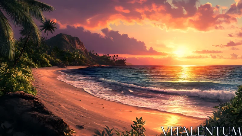 Radiant tropical shoreline rendered in cinematic sunset hues