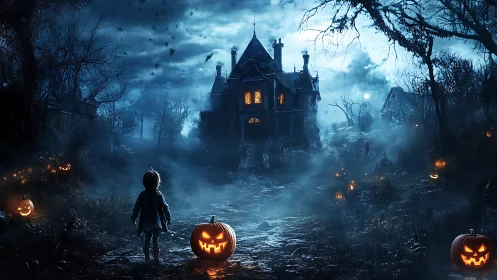 Child approaches haunted mansion under eerie blue moonlight.