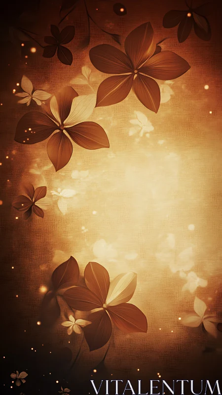 Brown and golden flowers with glowing particles on warm textured background.