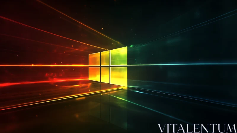 Glowing window icon with radiant red and teal light trails.