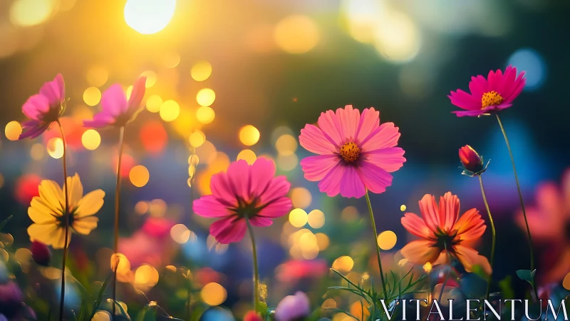 Cosmos Flowers with Bokeh Lighting at Golden Hour